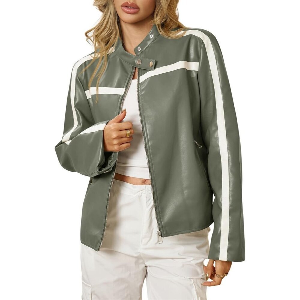 Women's Green Faux Leather Bomber Jackets Zip Up Color Block Moto Biker Jacket
